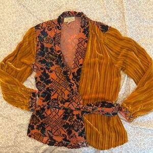 Free People Burnout Velvet Mixed Print Wrap Top (Gold/Rust) size s